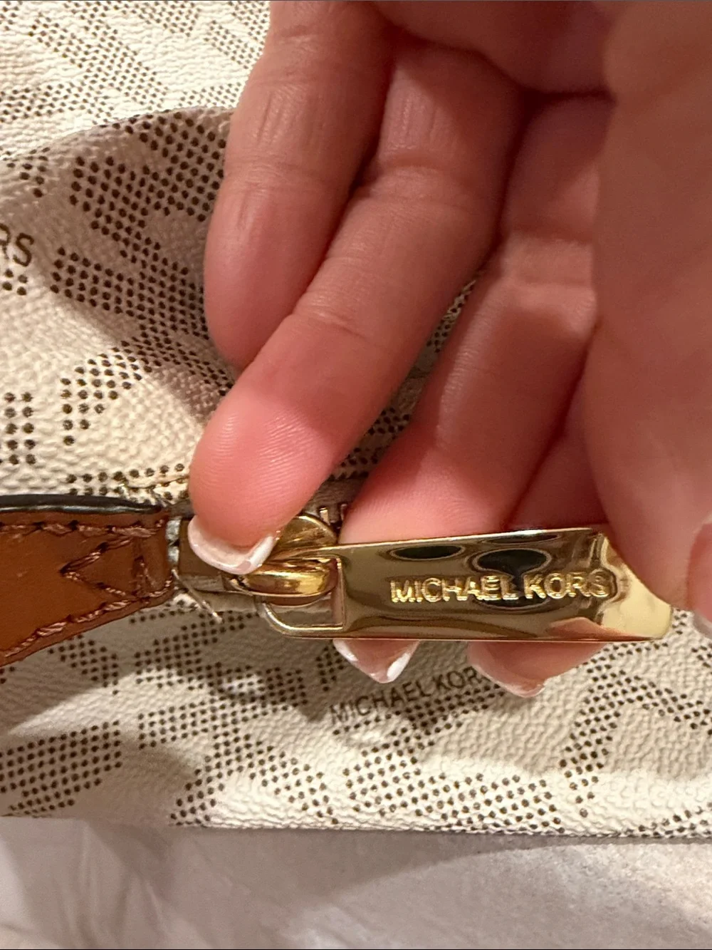 Michael Kors Cream MK Logo Hobo with Gold Hardware and Tan Handles